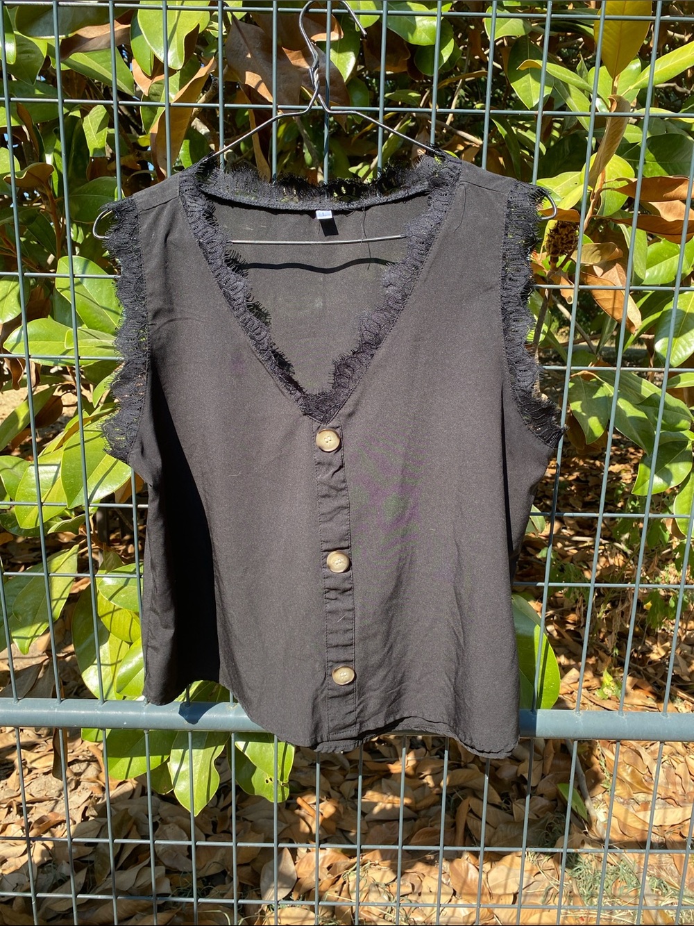 Frayed Edge V-Neck Button Front Black Women's Tank Top